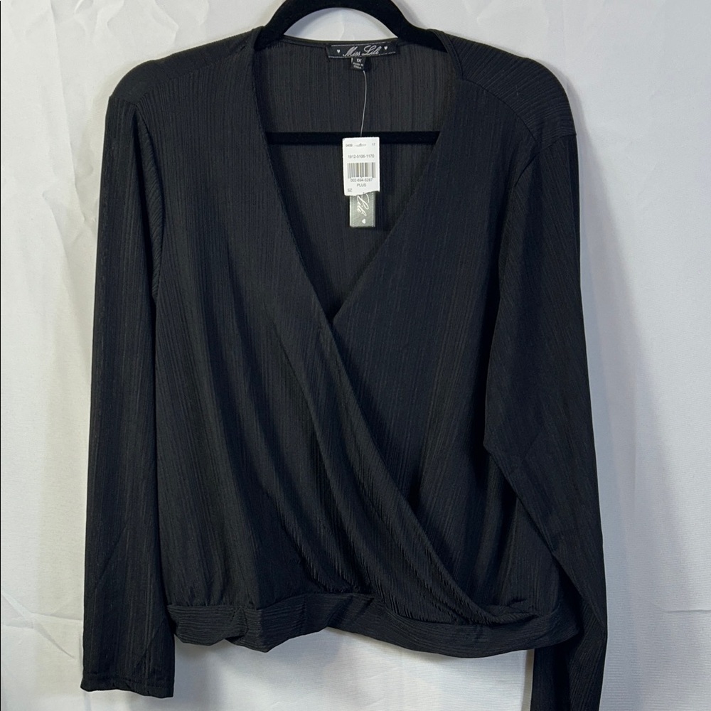 Miss Lili Black Wrap Blouse long sleeve Size 1X Modesty Closure